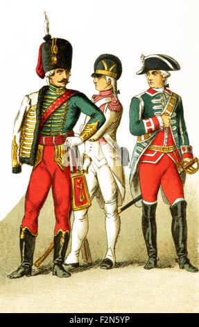 The figures pictured here represent military figures in Europe from around 1700. They are, from left to right: Officer of Hussars, Infantry of the Line, Body Guard. The illustration dates to 1882. Stock Photo
