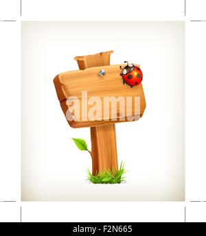 Ladybug on wooden sign, vector Stock Vector