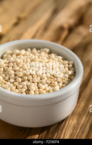 Popped white quinoa (lat. Chenopodium quinoa) cereal in small bowl, photographed with natural light