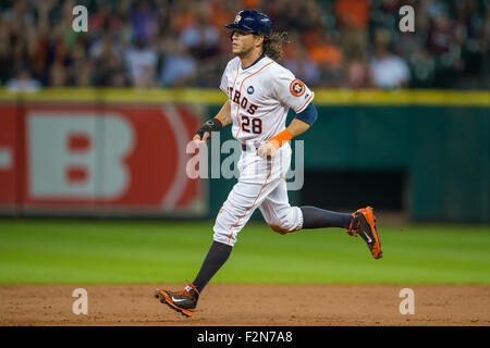 Houston, TX, USA. 21st Sep, 2015. Houston Astros left fielder Colby Rasmus (28) rounds the bases on a two run home run hit by Evan Gattis during the 2nd inning of a Major League Baseball game between the Houston Astros and the Los Angeles Angels at Minute Maid Park in Houston, TX. Trask Smith/CSM/Alamy Live News Stock Photo