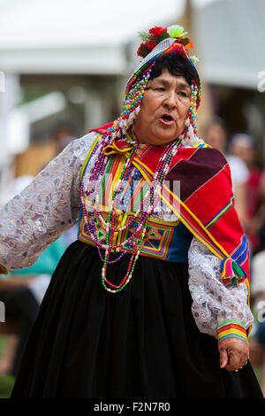 Woman Dancing  the Sarawja Dance, a Traditional Aymara Dance, Performed by Tradiciones Carumenas Ensemble from Moquegua, Peru. Stock Photo