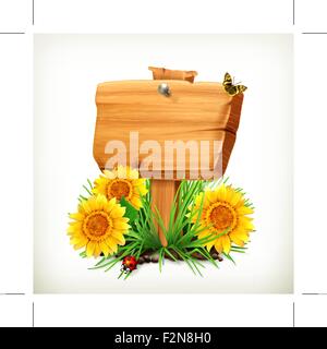 Signboard with sunflowers, ladybug and butterfly on a white background, vector icon, an universal frame for advertising in the s Stock Vector
