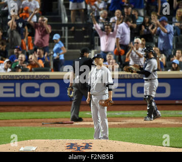 New York, USA. 18th Sep, 2015. Masahiro Tanaka (Yankees) MLB : New York Yankees starter Masahiro Tanaka reacts as New York Mets' Lucas Duda hits a solo home run against the New York Mets in the second inning of a baseball game in New York, United States . © AFLO/Alamy Live News Stock Photo