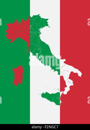 Map of Italy on the Italian flag. Colors of flag are proper. Rivers are shown. Stock Photo