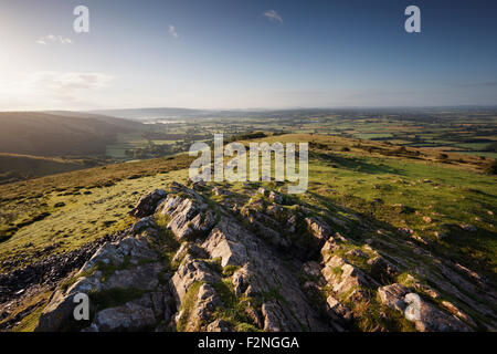 View from the summit of Crook Peak over The Mendip Hills and The Somerset Levels. Somerset. UK. Stock Photo