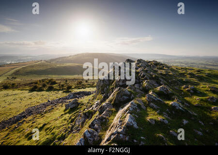 View from the summit of Crook Peak over The Mendip Hills. Somerset. UK. Stock Photo