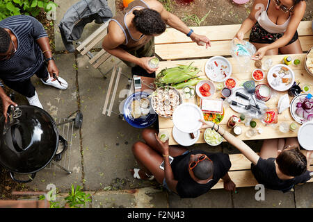 High angle view of friends eating at backyard barbecue