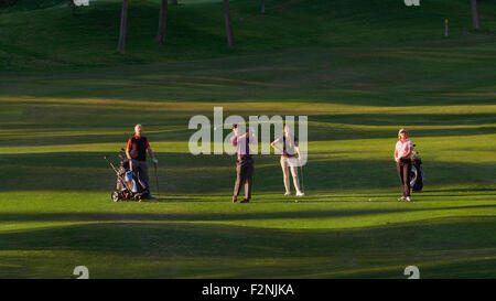 Caucasian friends playing golf on course Stock Photo