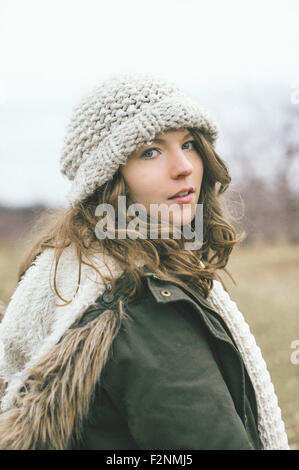 Caucasian woman wearing knitted cap