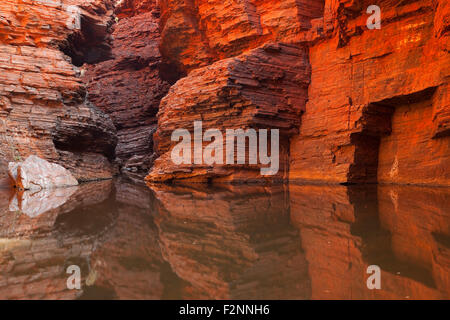 Reflections of the cliffs at Handrail Pool in Karijini National Park, Western Australia. Stock Photo