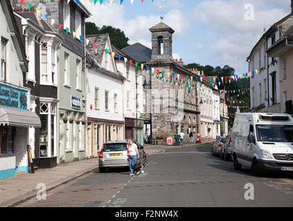 Shops and town hall in North Street, Ashburton, Devon, England, UK Stock Photo