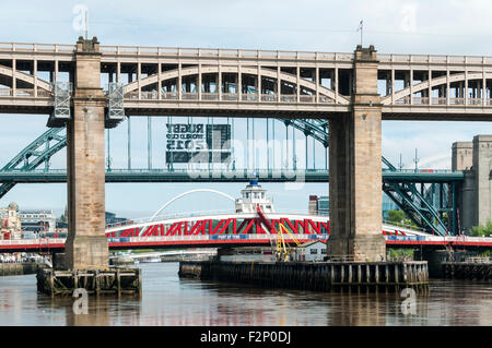 The High Level, Tyne and Swing bridges over the river Tyne, Newcastle-Gateshead, Tyne and Wear, England, UK. Stock Photo