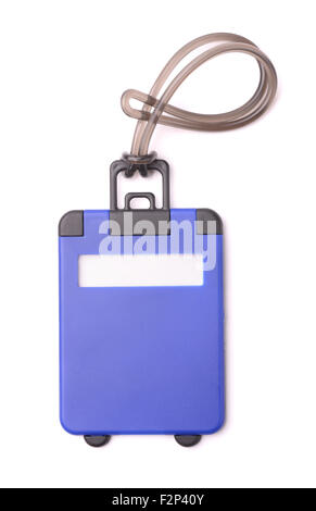 Top view of blue plastic luggage tag isolated on white Stock Photo