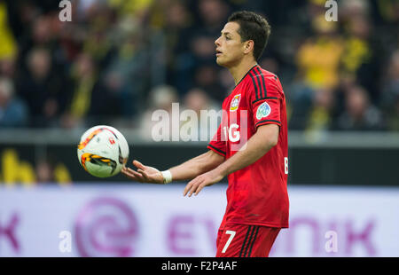 Leverkusen's Javier Hernandez in action during the German Bundesliga soccer match between Borussia Dortmund and Bayer Leverkusen at Signal-Iduna-Park in Dortmund, Germany, 20 September 2015. Photo: BERND THISSEN/dpa Stock Photo