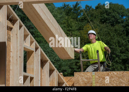 Carpenter installs wooden roof rafters on Leed Platinum Common Ground High School building. Stock Photo