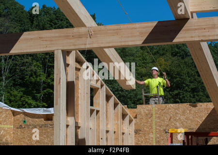 Carpenter installs wooden roof rafters on Leed Platinum Common Ground High School building. Stock Photo