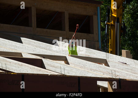 Carpenter uses rubber sledge to install roof rafters in Leed Platinum Common Ground High School building. Stock Photo
