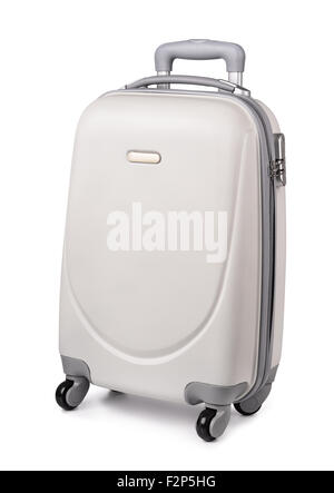 White plastic suitcase isolated on white Stock Photo