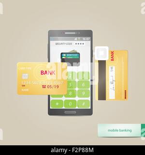 mobile payment and electronic wallet concept with credit card and safe smartphone application. vector flat design icons Stock Vector