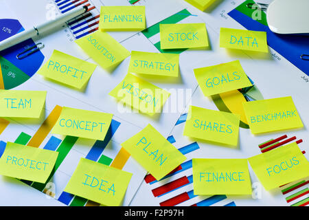 some sticky notes with business concepts, such as strategy, planning, vision, finance, focus or profit, on an office desk full o Stock Photo