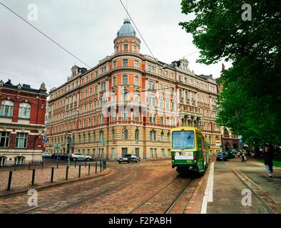 Helsinki, Finland. Tram heading down Yrjonkatu from the corner with Punanotkonkatu in the city centre Stock Photo