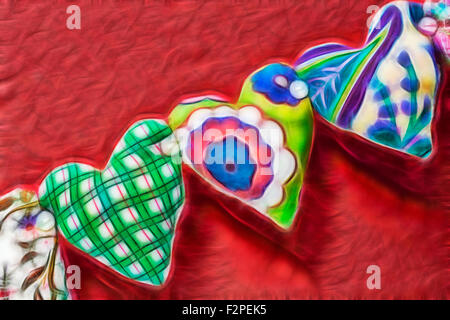 Abstract -String of hearts made from fabric material attached with buttons set on red background with Fractalius filter applied - fractals fractal Stock Photo