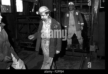 Miners emerging in the cage after completing a shift on the coal face ...
