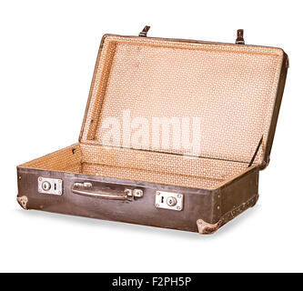 old suitcase close-up isolated on a white background Stock Photo