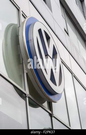 New York, USA. 22nd Sep, 2015. A Volkswagen dealer in Manhattan in New York on Tuesday, September 22, 2015. The U.S. Environmental Protection Agency has alleged that a defeat device built into VW's diesel cars' software will cause the car to appear more environmentally friendly when going through emissions testing. VW faces billions of dollars in fines in the U.S. and potentially other countries, not to mention civil lawsuits.  Credit:  Richard Levine/Alamy Live News Stock Photo