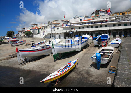 Small fishing boats in the harbour of Vila Franca do Campo, Azores islands, Portugal. Stock Photo