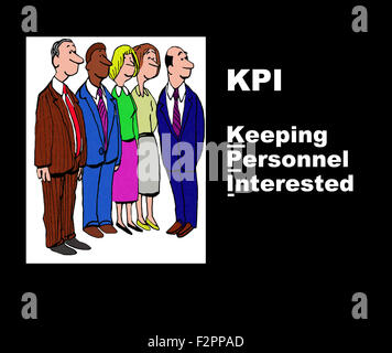 Business illustration showing five businesspeople, the acronym 'KPI' and the play on words, 'Keeping Personnel Interested'. Stock Photo