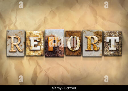 The word "REPORT" written in rusty metal letterpress type on a crumbled aged paper background. Stock Photo