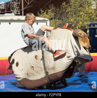 Hutchinson, Kansas 9-13-2015  Young boy shows off his rodeo skills on a mechanical bull today at the State Fair in Hutchinson, Kansas. Stock Photo