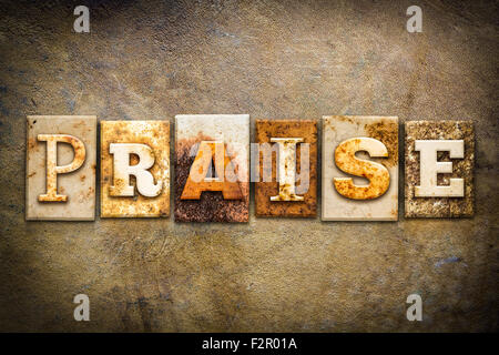 The word 'PRAISE' written in rusty metal letterpress type on an old aged leather background. Stock Photo