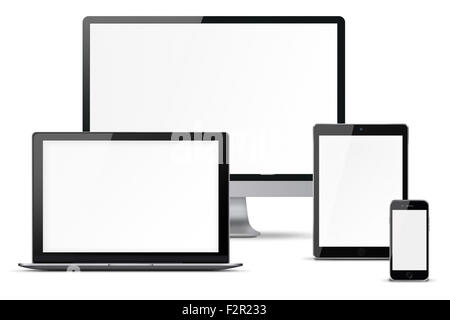 Computer monitor, mobile phone, smartphone, laptop and tablet pc with blank screen isolated on white background. Highly detailed Stock Photo