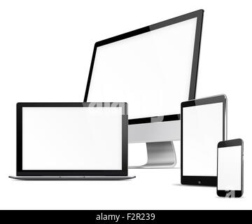 Computer monitor, mobile phone, laptop and tablet pc with blank screen isolated on white background. Highly detailed illustratio Stock Photo