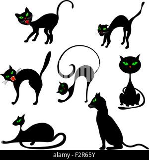 Halloween Holiday Elements Set. Collection With Black Cats in Different Poses Over White Background for Creating Halloween Designs.  Vector illustration. Stock Vector