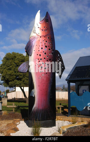 The large metal trout at Cressy on the Norfolk Plains, Tasmania, Australia Stock Photo