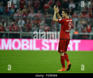 Munich, Germany. 22nd Sep, 2015. Munich's Robert Lewandowski celebrates after the German Bundesliga soccer match between FC Bayern Munich and VfL Wolfsburg at Allianz Arena in Munich, Germany, 22 September 2015. Photo: ANGELIKA WARMUTH/dpa/Alamy Live News Stock Photo