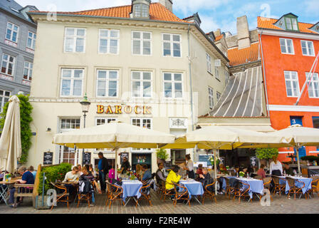 Restaurant terraces, Nyhavn, historical harbour, Copenhagen, Denmark Stock Photo