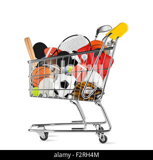 shopping cart filled with sports equipment isolated on white background Stock Photo