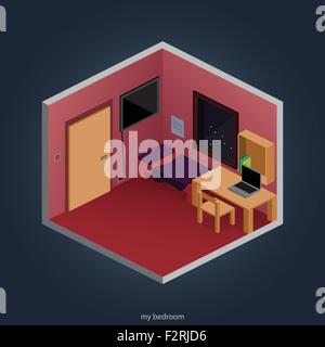 isometric bedroom with decorative objects and flat style elements. vector interior design Stock Vector