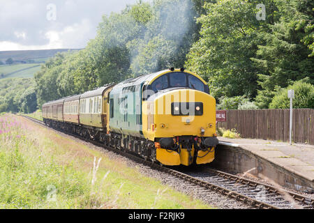 A preserved diesel train on the East Lancs Railway, at Irwell Vale, near Bury in Lancashire