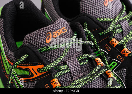 Tambov, Russian Federation - September 17, 2015 Asics snickers. Close-up. Studio shot. Stock Photo
