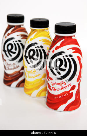 Flavoured milkshake drinks called Frijj - chocolate, banana and strawberry Stock Photo
