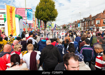 Kingsholm Road in Gloucester filled with fans going to watch Japan versus Scotland in the 2015 Rugby World Cup 2015, Gloucester UK Stock Photo