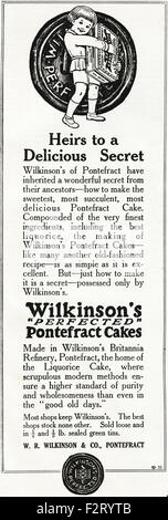 1920s advertisement. Advert dated 1923 advertising Wilkinson's Pontefract cakes Stock Photo