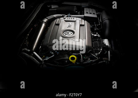 Right side of car view of the 2014 Volkswagen Jetta 1.8 liter turbo.  Versions of this engine are used in the Passat and Golf. Stock Photo