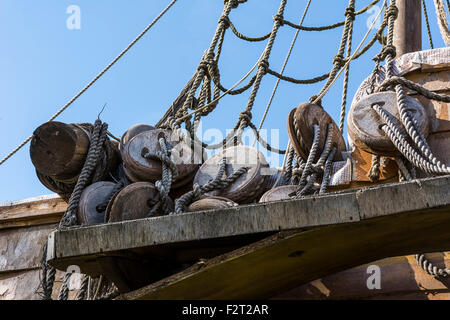 Old sailing wooden blocks and rigging Stock Photo