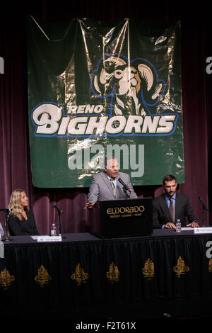 Reno, Nevada, USA. 23rd Sep, 2015. Reno Bighorn's Managing Owner Herb Santos, Jr. during the press conference announcing the extension of the agreement between the Sacramento Kings and the Reno Bighorns, Reno, NV © Jeff Mulvihill Jr/ZUMA Wire/Alamy Live News Stock Photo